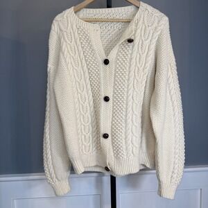 VTG Sweater Shop Wool Cable Knit Cardigan Women's Ivory Chunky Knit Please Read